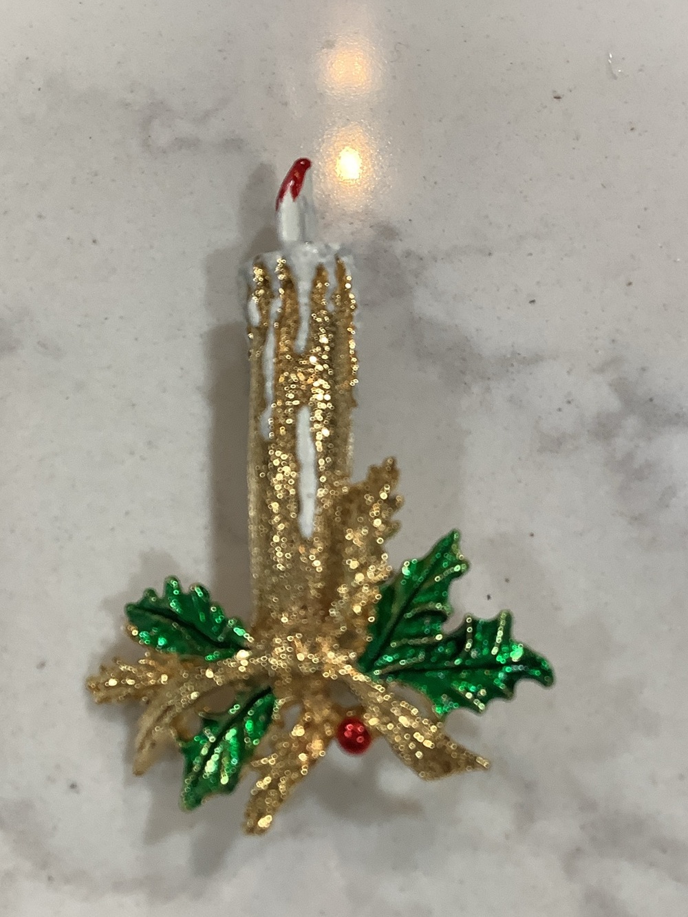 Gold Glitter Candle Brooch with Green Holly Leaves and Red Berry